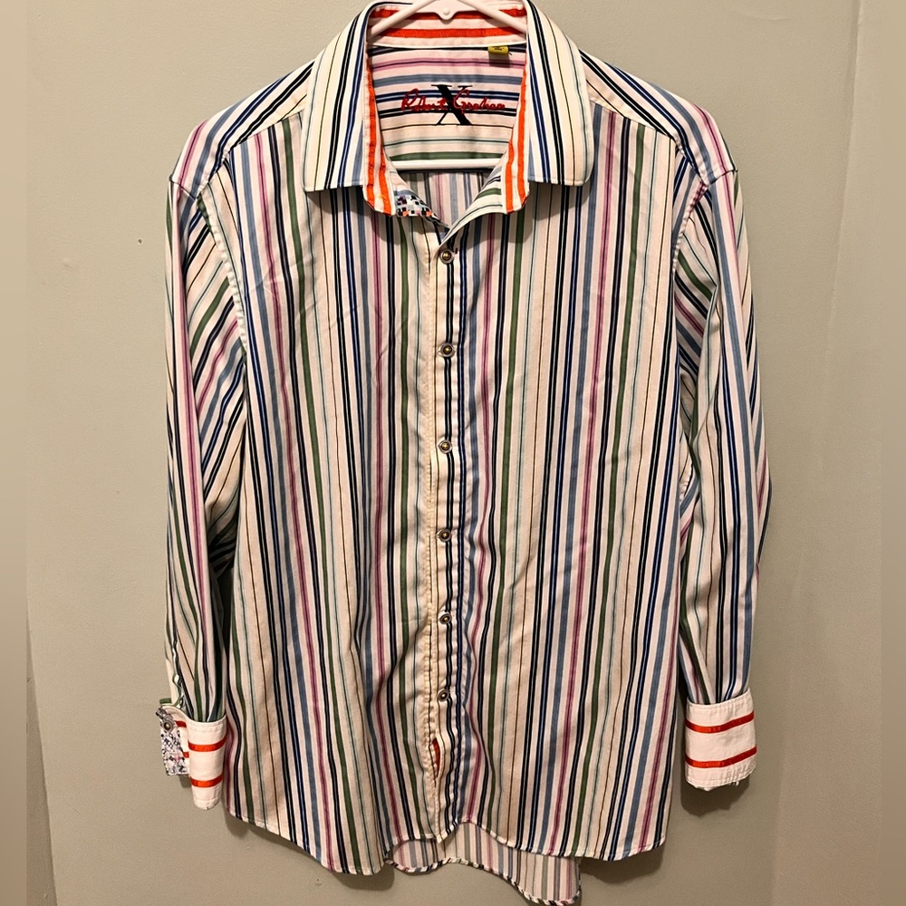 Robert Graham - Men’s Large - X Collection Striped Shirt -Flip Cuff -100% Cotton